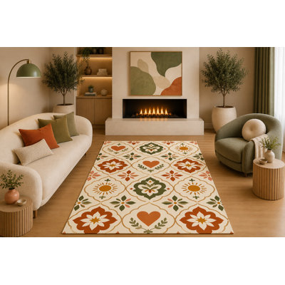 Tapis ultra-léger 5 pi x 7 pi à motif floral médaillon cœur marocain terre cuite vert olive pour salon