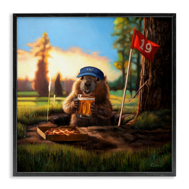 Marmotte avec pizza et bière, estampe numérique, design par Lucia Heffernan, H 12 po x l 12 po, Giclée encadrée noir minuit