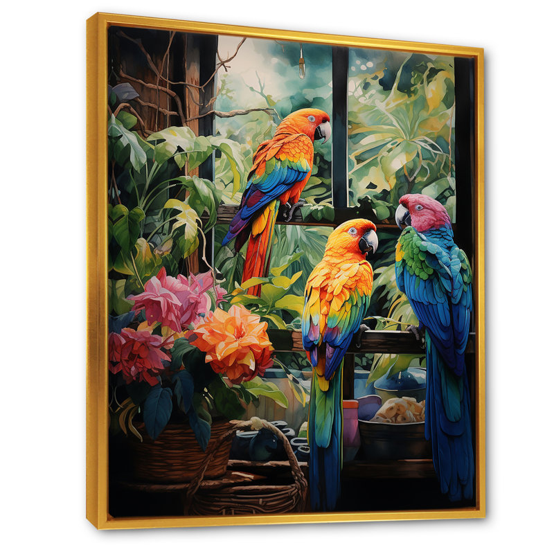 Parrot Jungle Paradise II - art mural perroquet, Cadre flottant doré, H 44 po x l 34 po x P 1,5 po