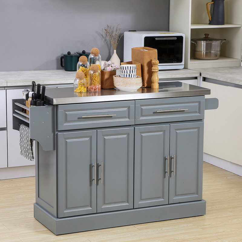 Îlot de cuisine roulant avec rangement, chariot de cuisine portable avec plateau en acier inoxydable, 2 tiroirs, porte-épices, porte-serviettes et armoires