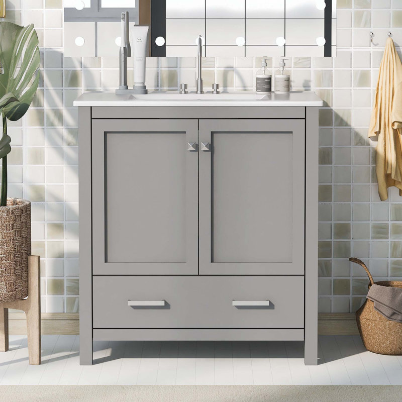 Meuble-lavabo gris 30 po avec lavabo simple encastré, structure en bois massif avec portes à fermeture douce et tiroir, Gris