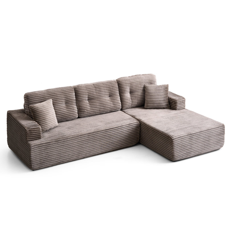 Style moderne minimaliste, méridienne orientée vers la gauche, canapé modulaire en forme de L, velours côtelé compressé, 4 sièges, brun-gris, se déplier en un lit, coussins serrés, conception à pieds sécurisés avec base suspendue, soutien