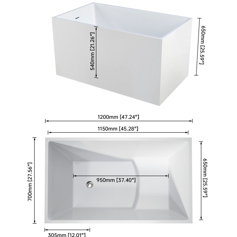 47"28" Rectangular Acrylic Soaker Tub, , White Color, Comfortable Soaking, Materials, Luxury Style, Space - Saving Design
