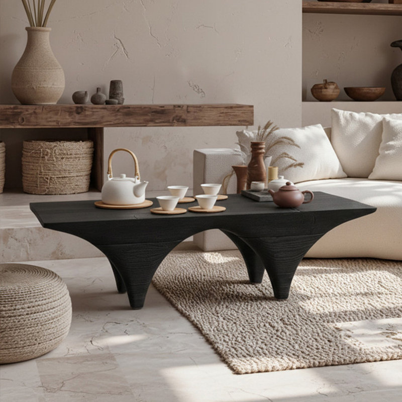 Table à thé en bois massif de style moderne noir, H 15,7 po x L 39,3 po x l 11,8 po