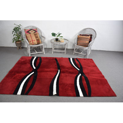 Handmade Wool Area Rug in Bold Red with Modern Geometric Black Patterns for Home Decor