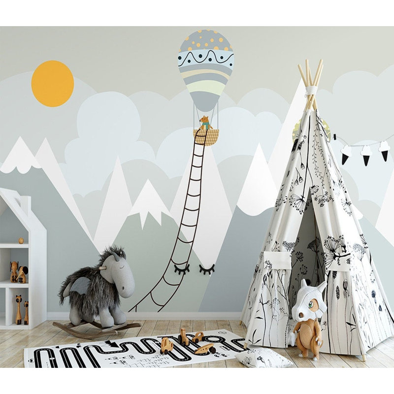Papier peint amovible avec montgolfière grise et paysage d'escalier, L 75 po x l 112 po