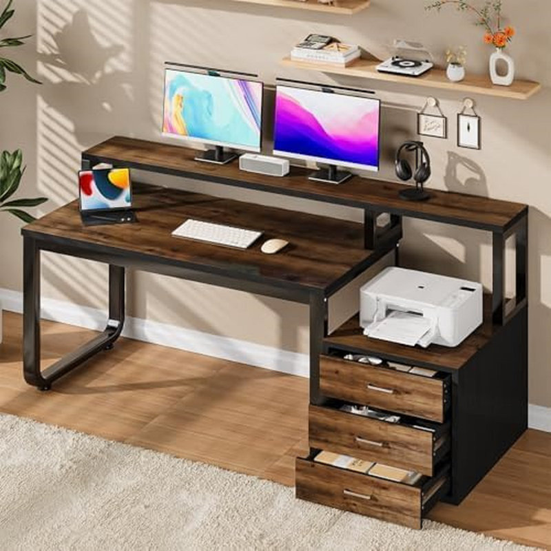 Computer Desk with Power Outlet, Brown/Black