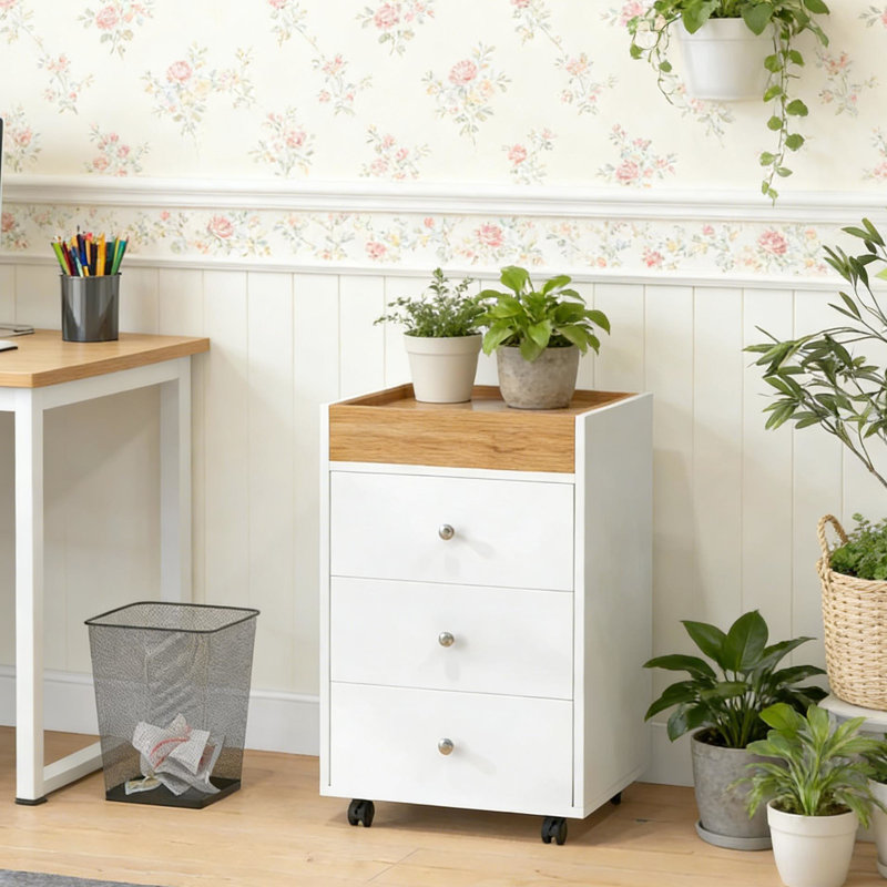 Solution de rangement de bureau avec trois tiroirs et plateau supérieur amovible, petite armoire mobile à quatre roues et freins, panneau de particules revêtu, dossier à roulettes effet bois naturel avec deux dessous de bureau, blanc