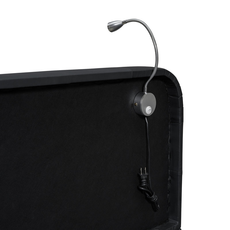 Grand lit plateforme tapissier avec 2 lampes de lecture, noir, Noir