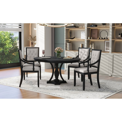 5 Extendable Retro Dining Collection, Round Table And 4 Chairs For Kitchen Area, Seats 4, - Style Decor, Adjustable From 42'' To 58'', Tabletop With V