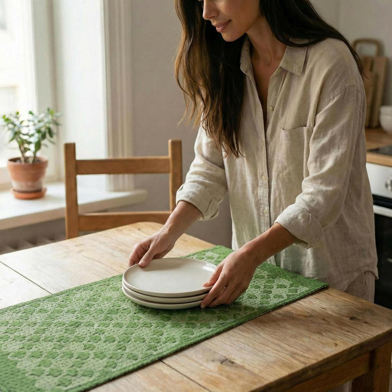 Chemin de table en coton tissé à la main Artisan - Ginkgo - 18 po x 96 po, Vert