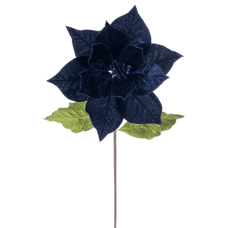 Vickerman 12" x 20" Velvet Razor Poinsettia Stem. It includes four pieces per bag., Dark Blue
