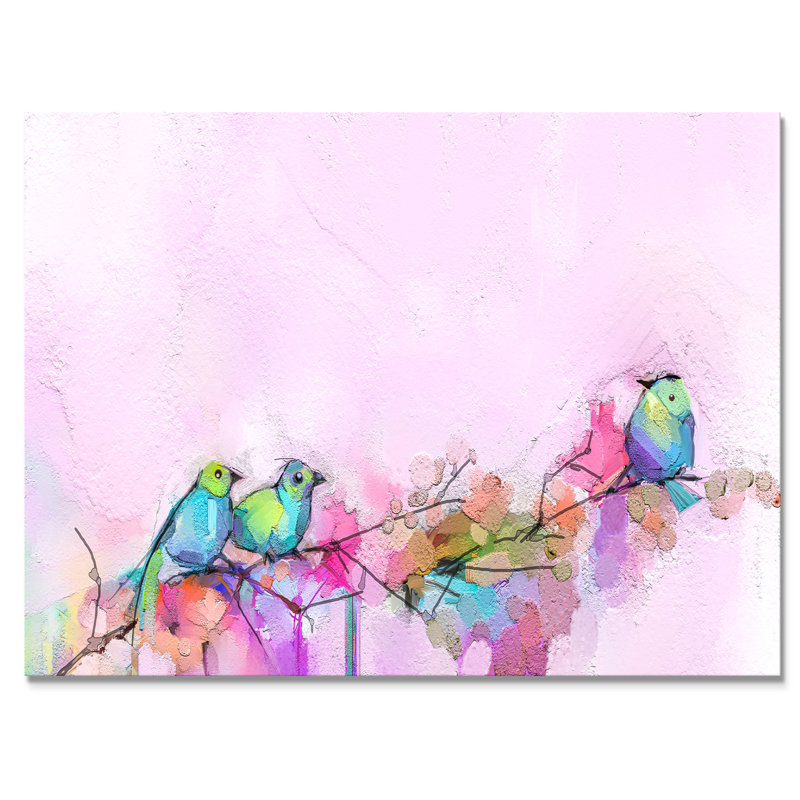 Pinceau rose et oiseaux mauves - reproduction sur toile avec cadre flottant, H 8 po x l 12 po x P 1 po, Toile tendue