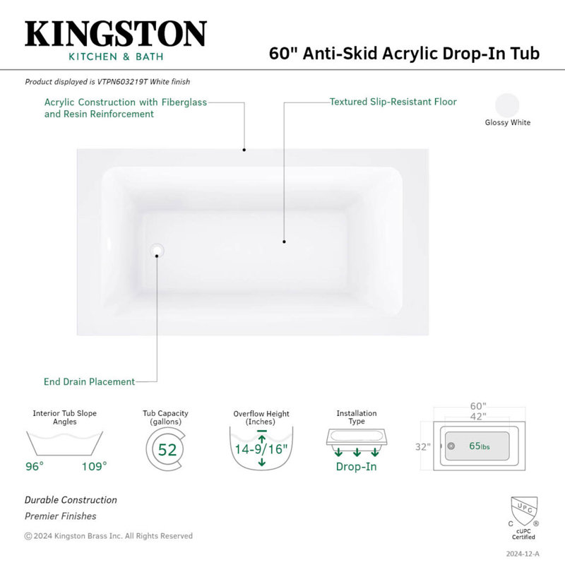 Kingston Brass Aqua Eden 60-Inch Acrylic Rectangular Drop-In Tub with Anti-Skid Surface