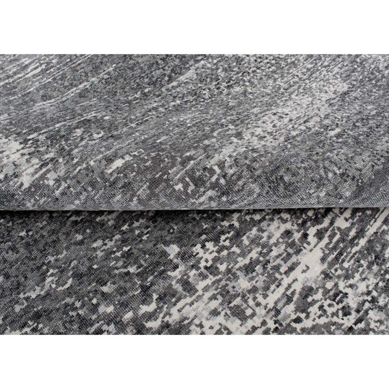 Hand-Knotted Wool/Silk Area Rug in Black/Light Gray, Rectangle 9' x 12'