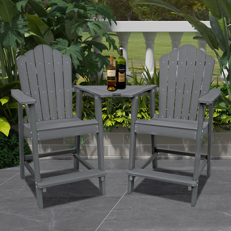 Albany 3-Piece Tall Adirondack Chair Set with Table HIPS Outdoor Patio Bar Stools, Gray