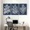 Plantes et fleurs, ensemble de 3 impressions sur toile bleu foncé