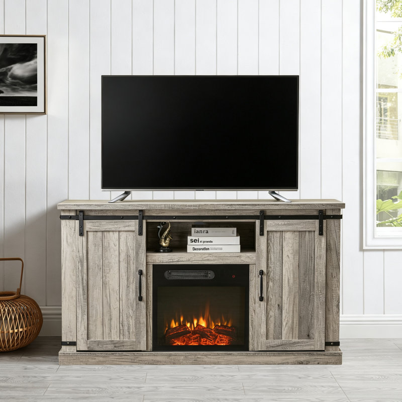 Canyonlands Farmhouse TV Stand with Electric Fireplace, Antique Gray Oak