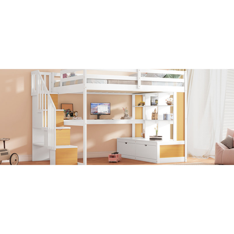 Lit mezzanine double avec bureau, tablettes, tiroirs