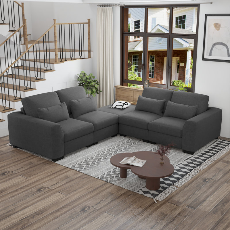 5 Piece Upholstered Sectional Sofa With Ottoman, Black Linen Blend