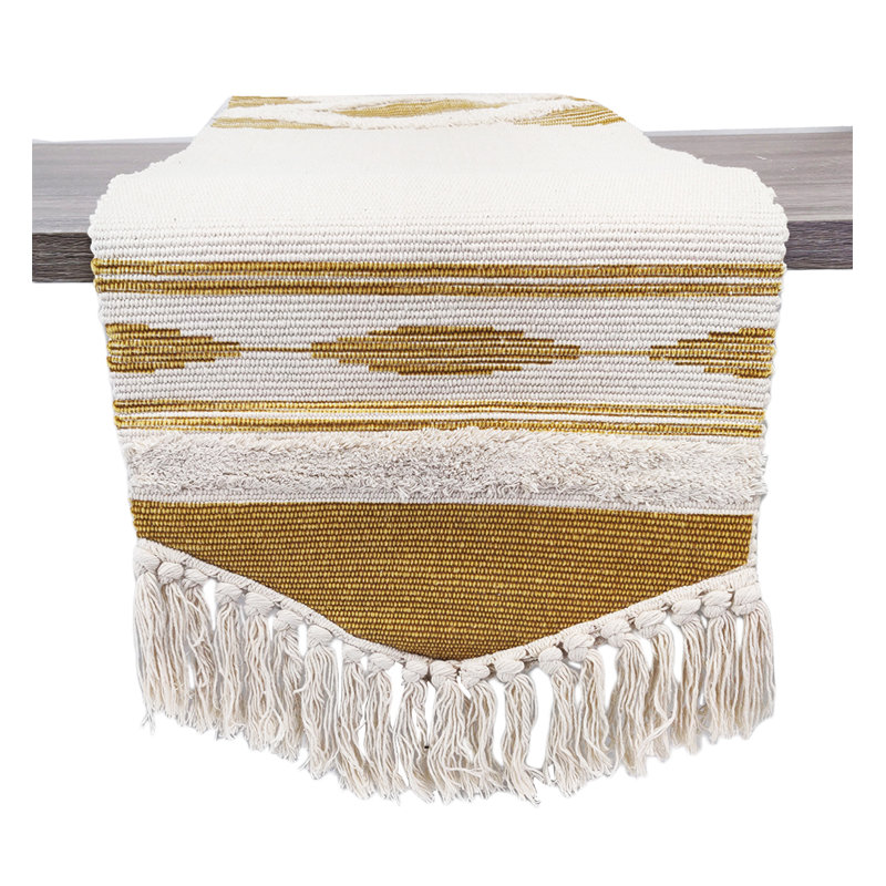 White Geometric Design Canvas Cotton Table Runner With Tassels 14" W X 71" L, Yellow