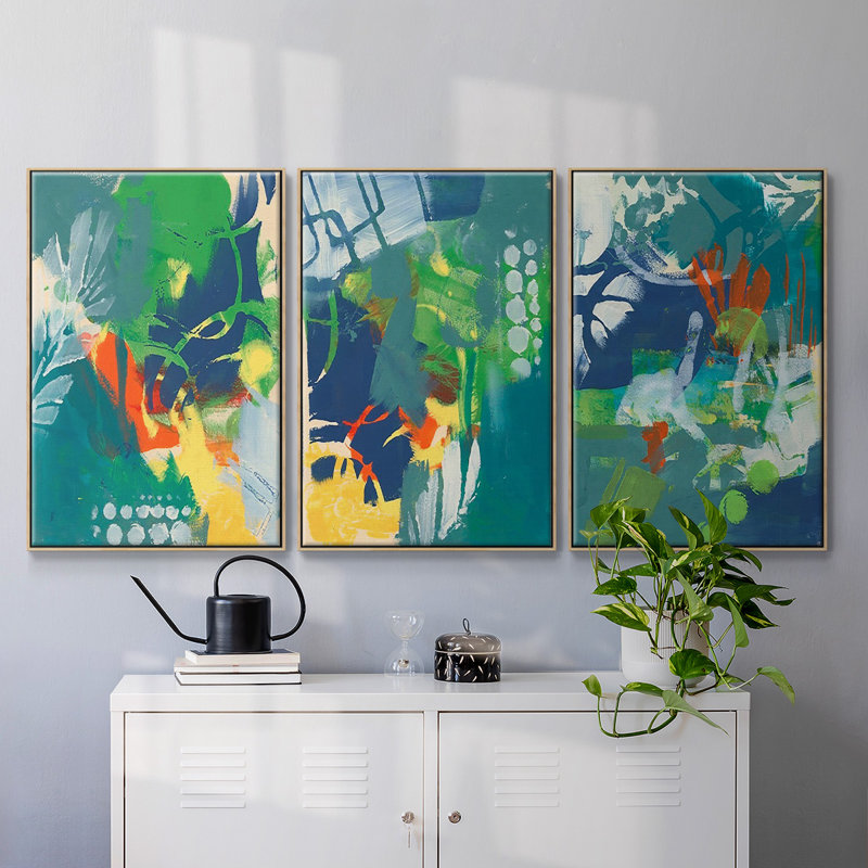 Impression tropicale encadrée sur toile 3 pièces, H 36 po x l 72 po x P 2 po, Naturel