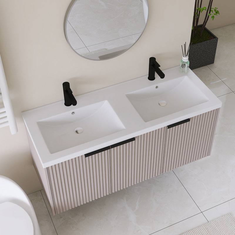 Meuble-lavabo mural simple avec plateau en résine intégré blanc, Kaki