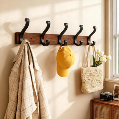 Solid Wood Wall Mounted Coat Rack With 5 Heavy-Duty Metal Hooks, Space-Saving Entryway Organizer For Coats, Hats, Bags, Towels, And Keys, For Bedroom, Bathroom, And Mudroom