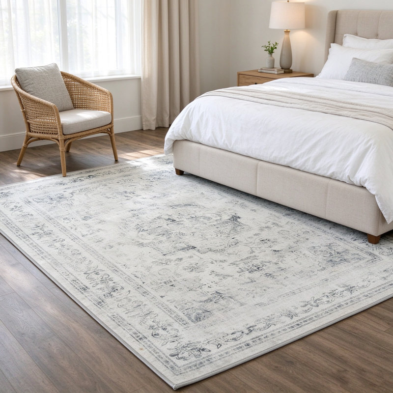 Vintage Distressed Oriental Medallion Area Rug, Cream and Light Blue, Machine Washable, Pet Friendly, Non-Slip, Low Pile