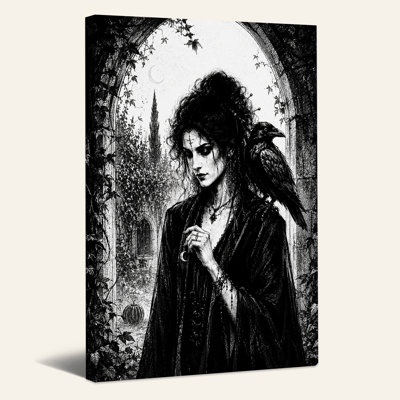 Art mural sur toile, sorcière gothique avec corbeau