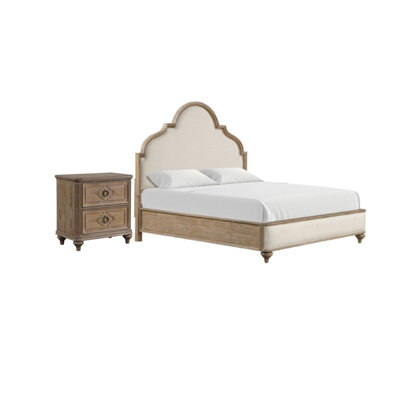 Ensemble de chambre à coucher pour très grand lit 2 pièces, brun chêne rustique, ivoire, bois doré, table de chevet