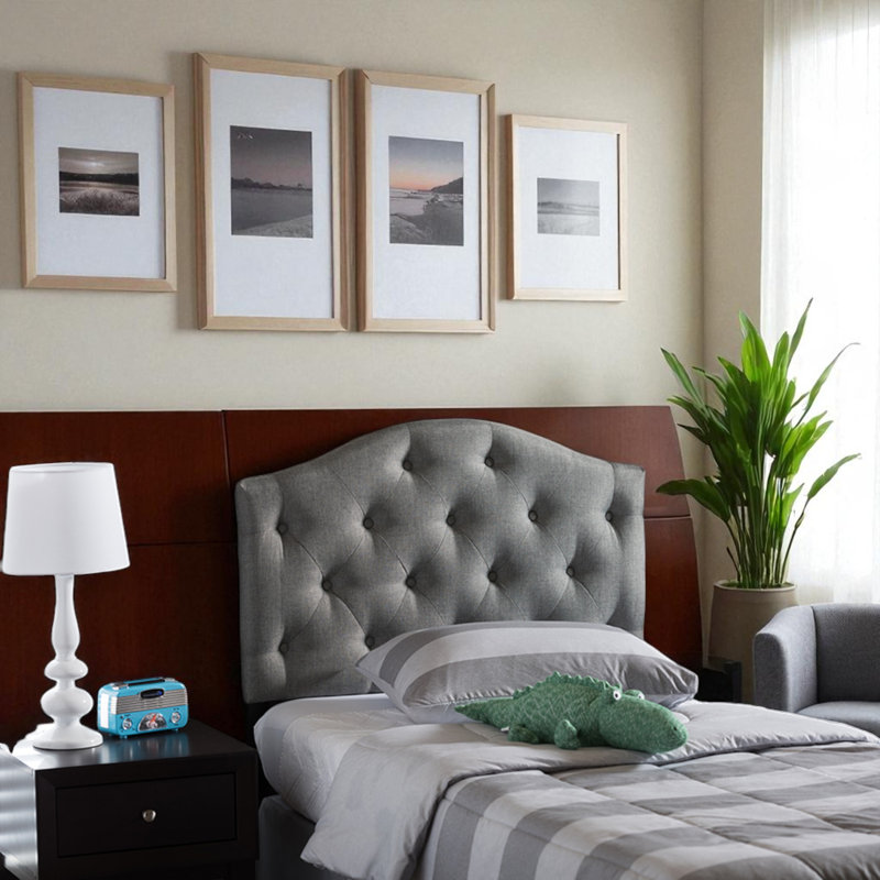 Navua Grey Faux Leather Scalloped Button Tufted Twin Headboard, 23.35" H X 38.65" W X 2.27" D, Grey