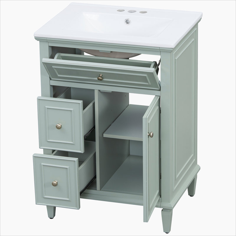 Meuble-lavabo avec lavabo, meuble-lavabo avec tablette réglable, un tiroir rabattable et deux tiroirs, Vert