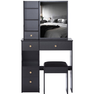 Petit meuble-lavabo de 29,2 po avec tiroir à gauche et tabouret rembourré, très grand miroir coulissant à droite, rangement multicouche à grande capacité, commode pratique et pratique, convient aux petits espaces