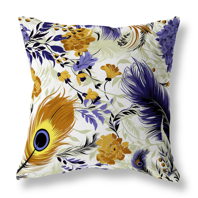 Coussin en faux suède à plumes Opus, Bleu / floral doré, H 18 po x l 18 po