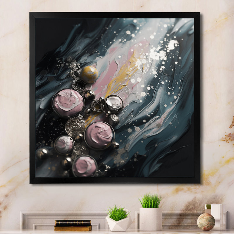 Glam Pink and Silver Shapes III, reproduction d'art sur toile, H 24 po x l 24 po x P 1 po, Cadre photo noir