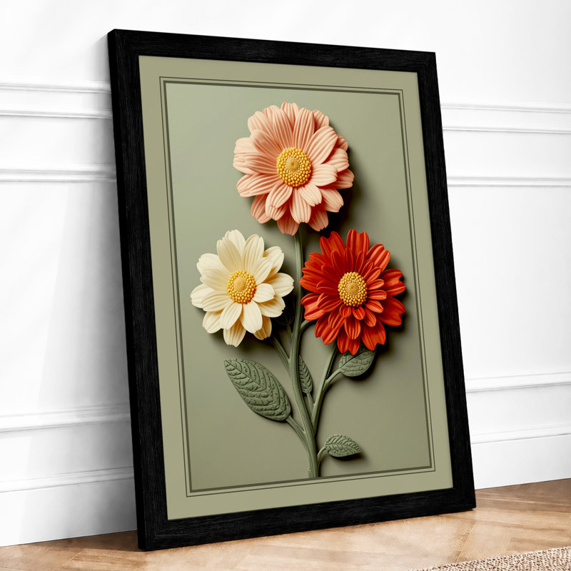 Three Gerbera Study Botanical - Framed Print, A4 - 29.7 x 21.0 cm, Black