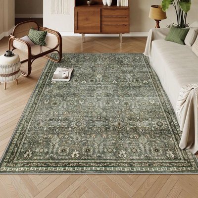 Vintage Floral Border Cashmere Washable Area Rug - Soft Elegant Design for Living Room, Bedroom, or Dining Room Decor