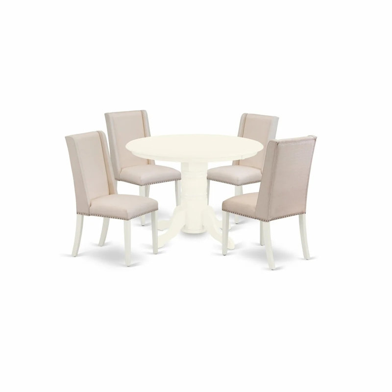 Ensemble de 5 pièces pour coin-repas pour 4 personnes comprenant une table de salle à manger ronde avec piédestal et 4 chaises Parson revêtues de tissu en lin crème, blanc lin