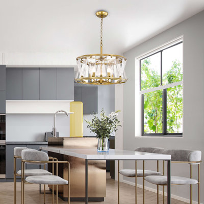 Laia Modern 5-Light Brushed Brass Water Textured Glass Drum Round Chandelier