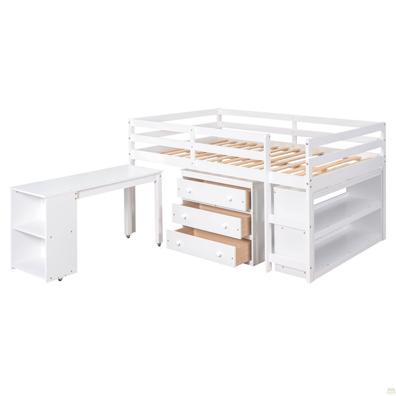 Low Study Full Loft Bed with Cabinet ,Shelves and Rolling Portable Desk ,Multiple Functions Bed