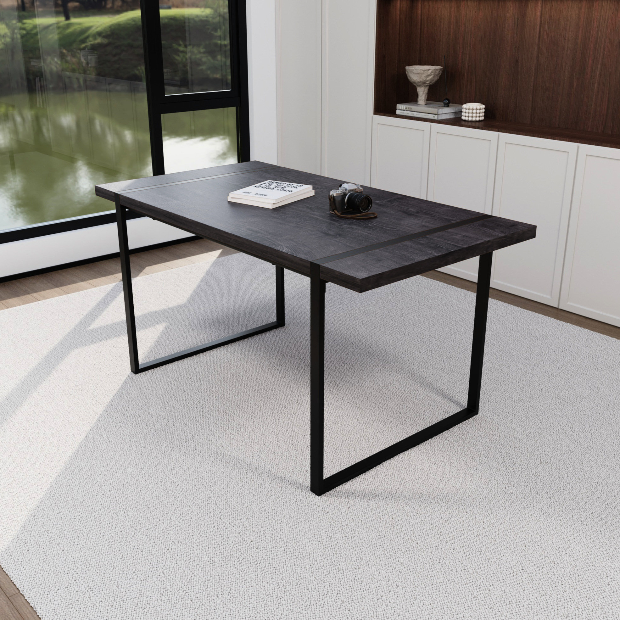 Ebern Designs Modern Dining Table 59" - Rectangular Wood With Black ...