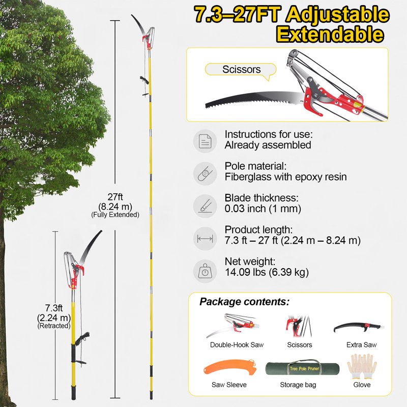 7.3-27FT Extendable Manual Pole Saw with Scissors