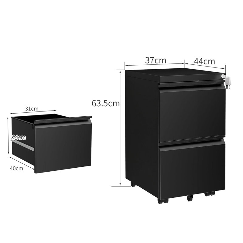 Black Mobile Filing Cabinet, Lockable 2 Drawers with File Hanging Rails, with 4 Keys