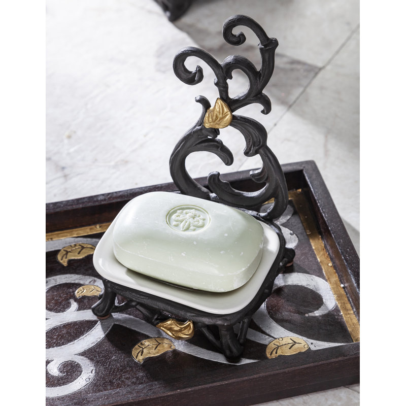 White Stoneware Spoon-Soap Rest with Metal Gold Leaf Stand.