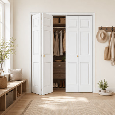 Porte double pliante en bois manufacturé à 6 panneaux H 72 po x 80 po avec quincaillerie d'installation