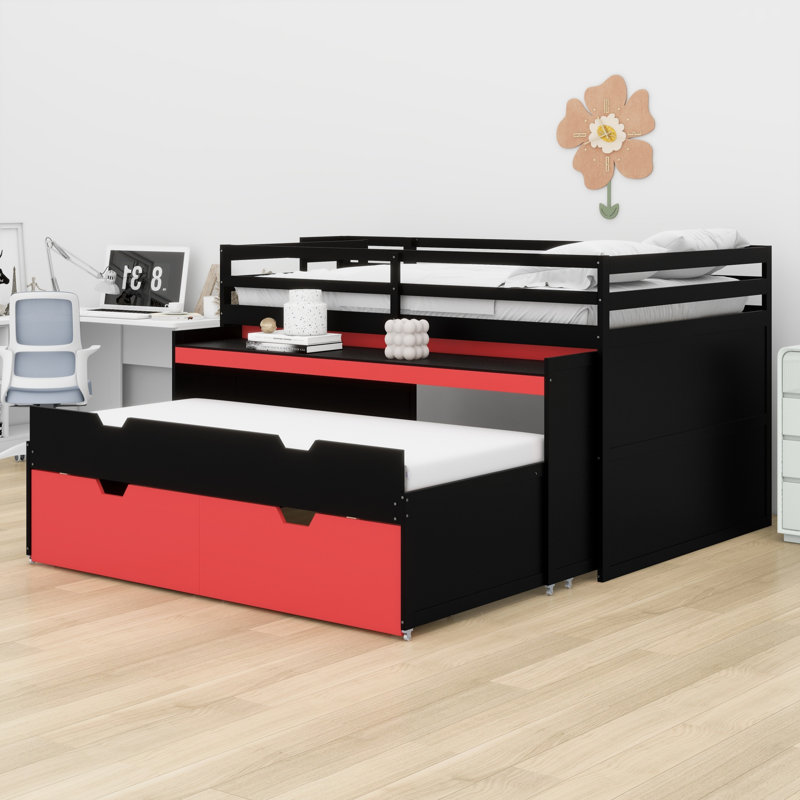 Lit mezzanine peu encombrant avec bureau coulissant, lit gigogne, tiroirs de rangement et escalier, Full XL, Black+Red
