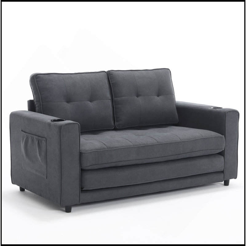 Canapé-lit convertible 3-en-1 avec futon et canapé-lit, causeuse pliable et capitonnée avec canapé-lit escamotable, causeuse à dossier rabattable avec poches latérales et porte-gobelet