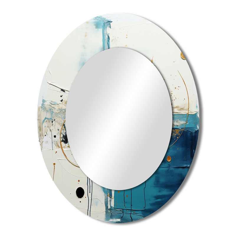 New Harmony Circular Abstract In White And Blue - Large Oval Wall Mirror On Metal, 43" x 33"