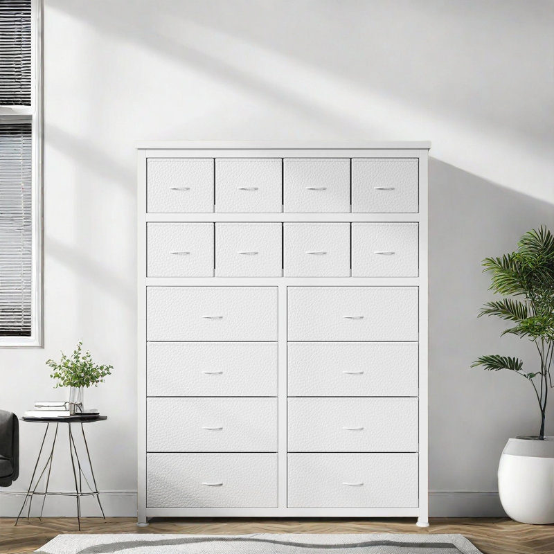Commode 16 tiroirs pour chambre à coucher, commode haute avec tiroirs de rangement en tissu, Blanc